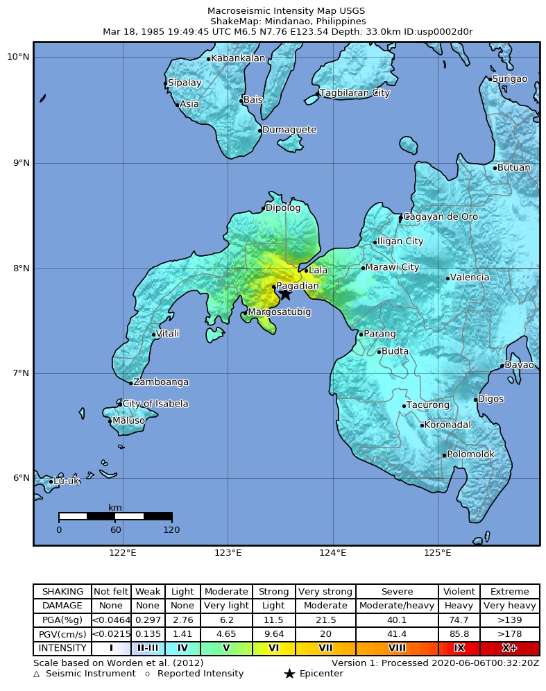 USGS ShakeMap: estimated shaking intensity around the epicenter