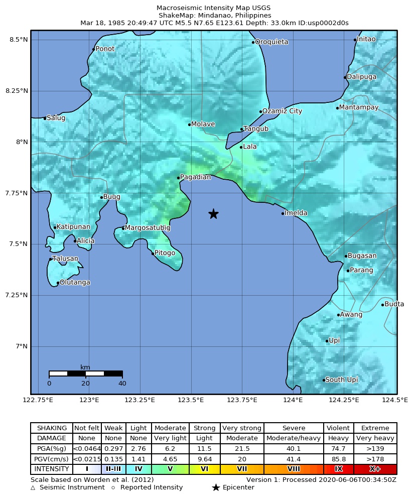 USGS ShakeMap: estimated shaking intensity around the epicenter