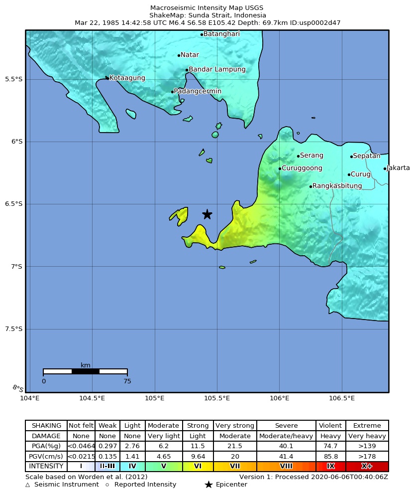 USGS ShakeMap: estimated shaking intensity around the epicenter