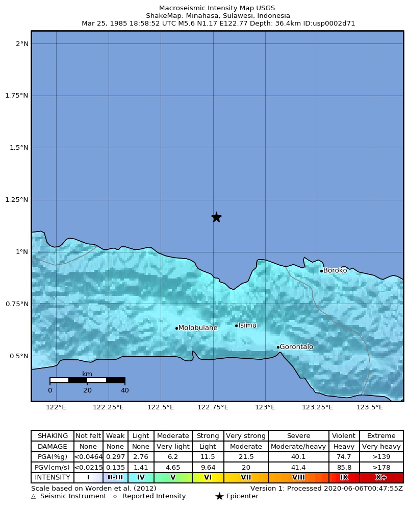 USGS ShakeMap: estimated shaking intensity around the epicenter