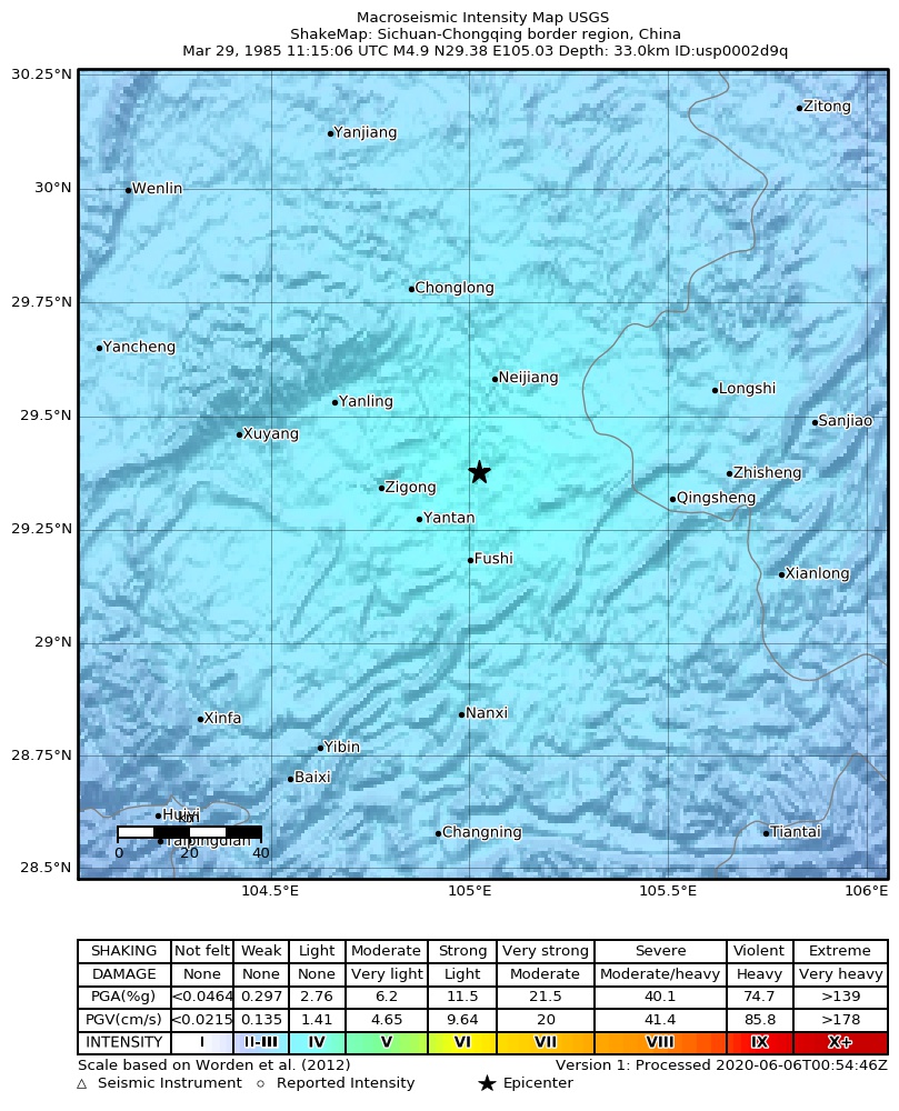 USGS ShakeMap: estimated shaking intensity around the epicenter