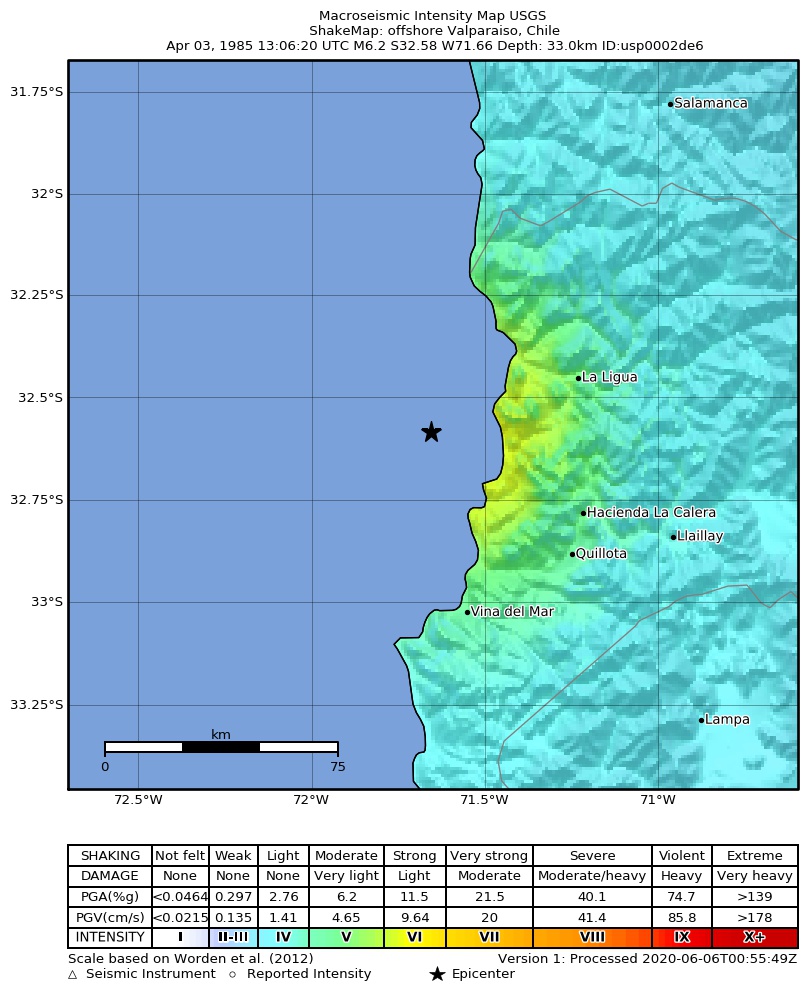 USGS ShakeMap: estimated shaking intensity around the epicenter