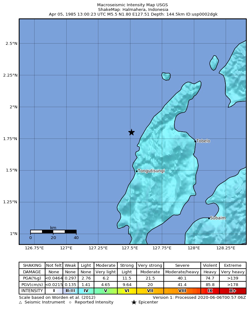 USGS ShakeMap: estimated shaking intensity around the epicenter