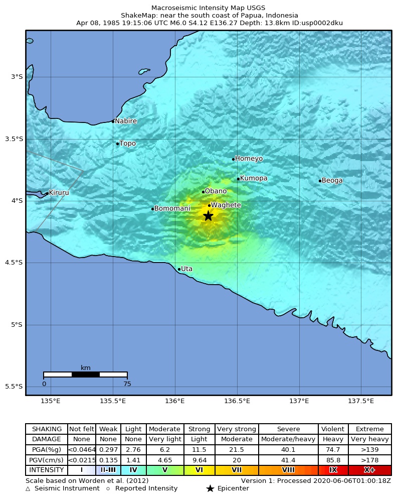 USGS ShakeMap: estimated shaking intensity around the epicenter
