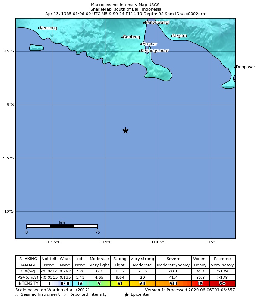 USGS ShakeMap: estimated shaking intensity around the epicenter