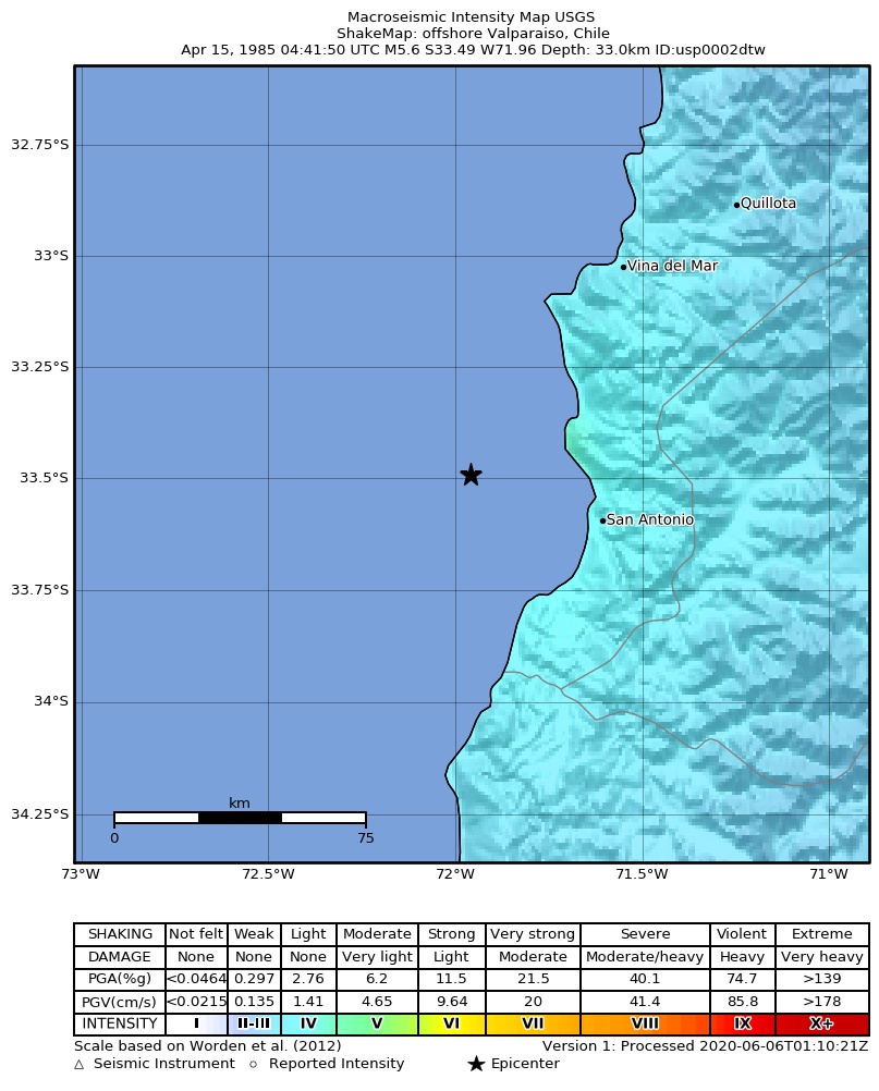 USGS ShakeMap: estimated shaking intensity around the epicenter