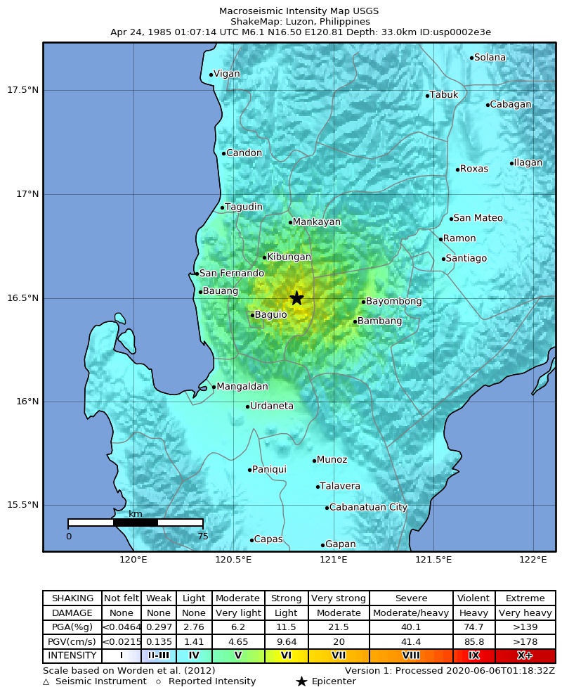 USGS ShakeMap: estimated shaking intensity around the epicenter