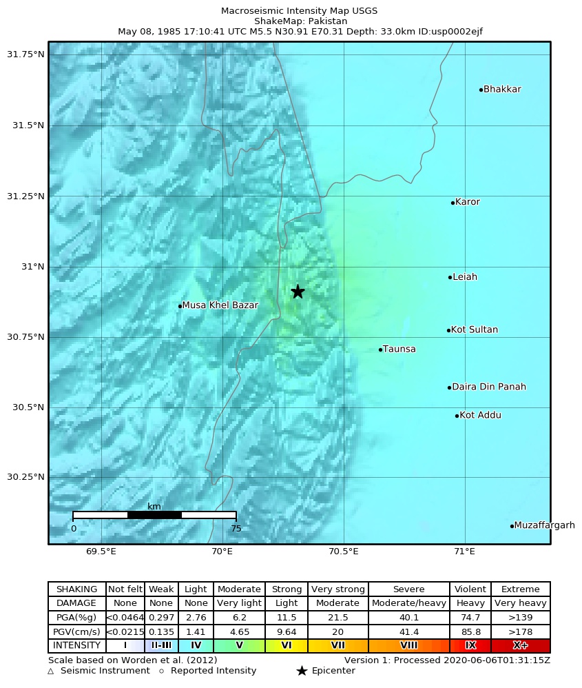 USGS ShakeMap: estimated shaking intensity around the epicenter