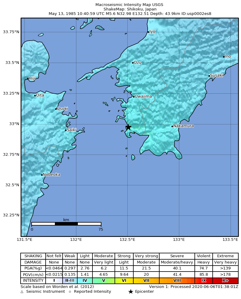 USGS ShakeMap: estimated shaking intensity around the epicenter