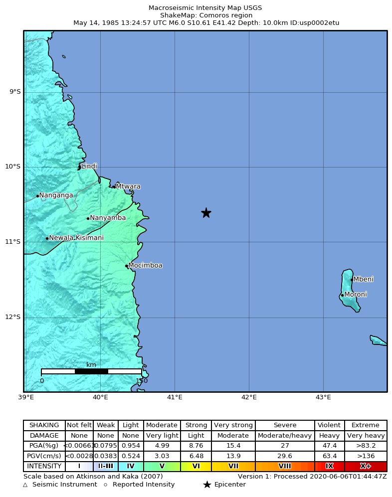 USGS ShakeMap: estimated shaking intensity around the epicenter