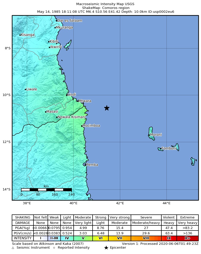 USGS ShakeMap: estimated shaking intensity around the epicenter