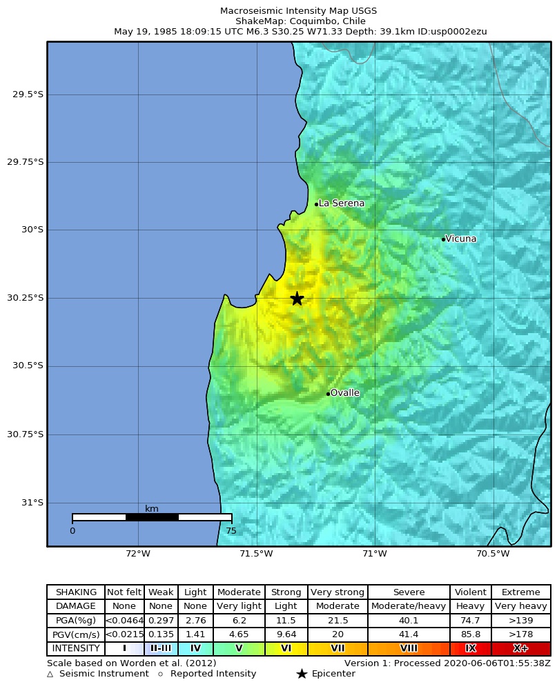 USGS ShakeMap: estimated shaking intensity around the epicenter
