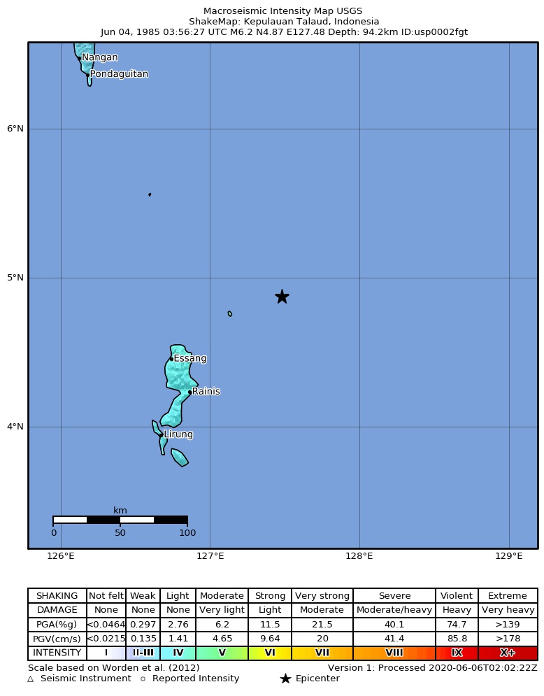 USGS ShakeMap: estimated shaking intensity around the epicenter