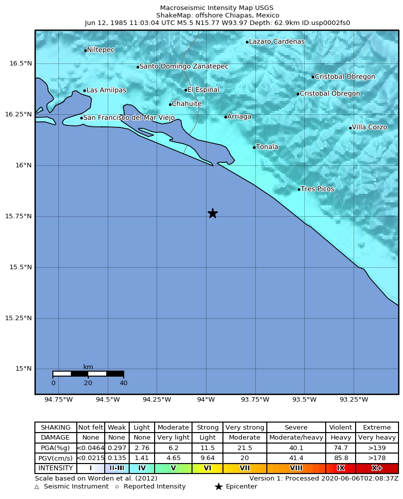 USGS ShakeMap: estimated shaking intensity around the epicenter
