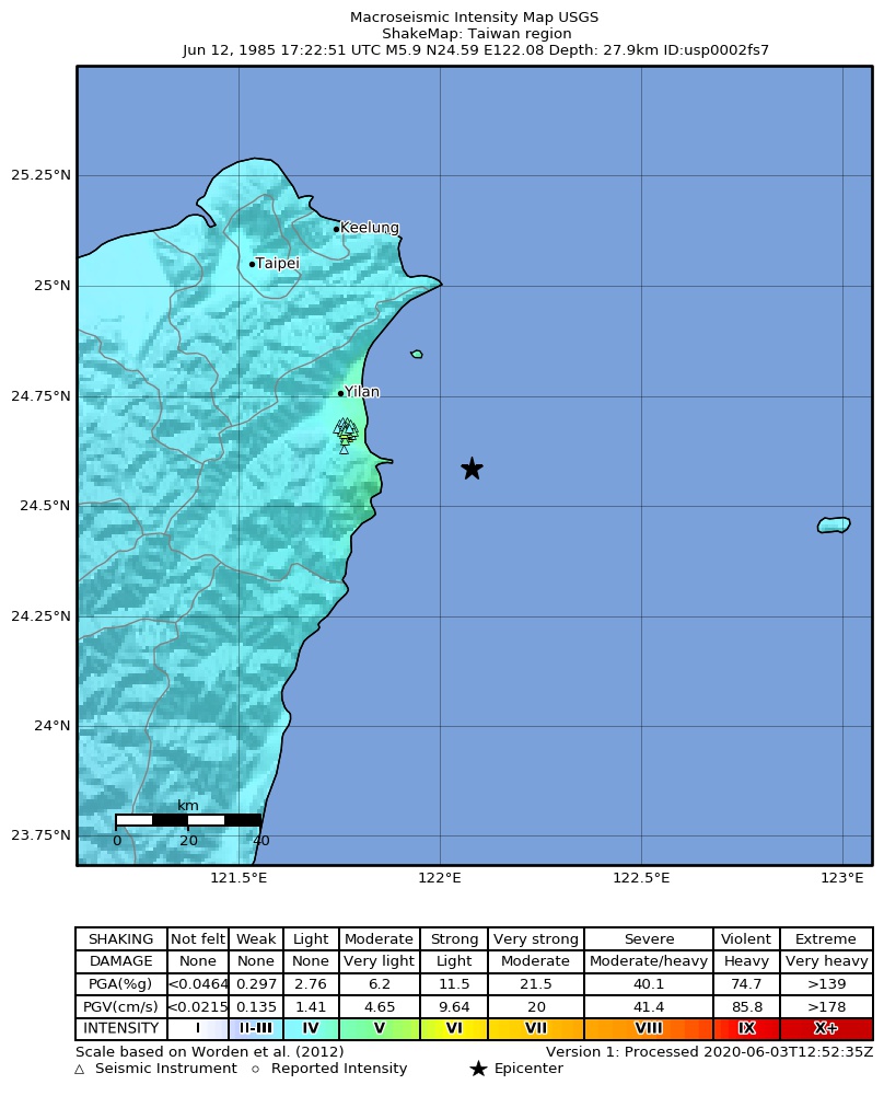 USGS ShakeMap: estimated shaking intensity around the epicenter