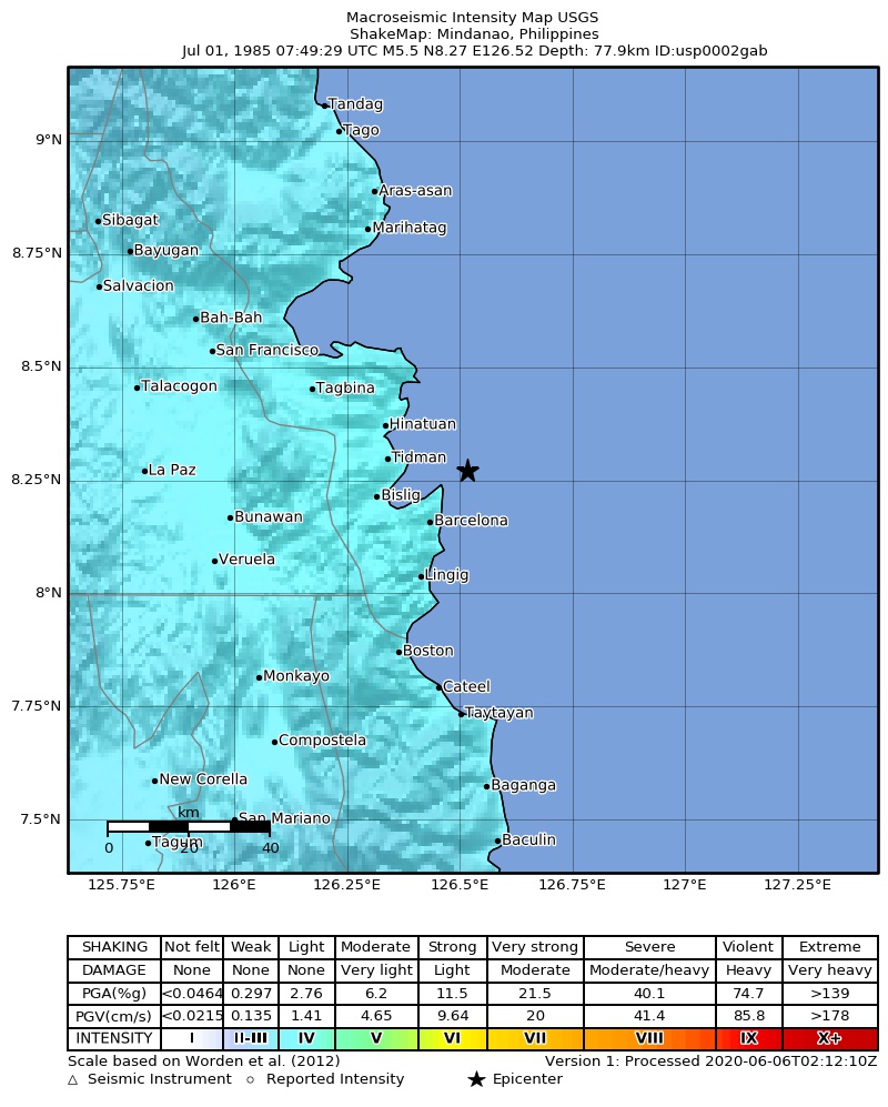 USGS ShakeMap: estimated shaking intensity around the epicenter