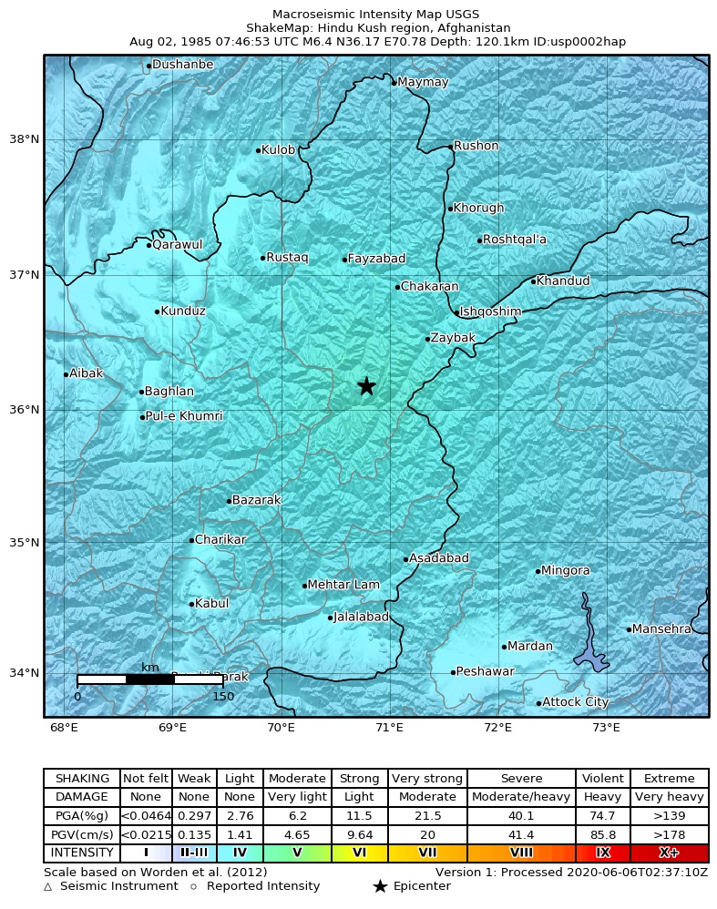 USGS ShakeMap: estimated shaking intensity around the epicenter