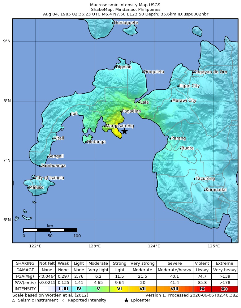USGS ShakeMap: estimated shaking intensity around the epicenter