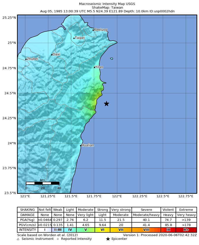 USGS ShakeMap: estimated shaking intensity around the epicenter