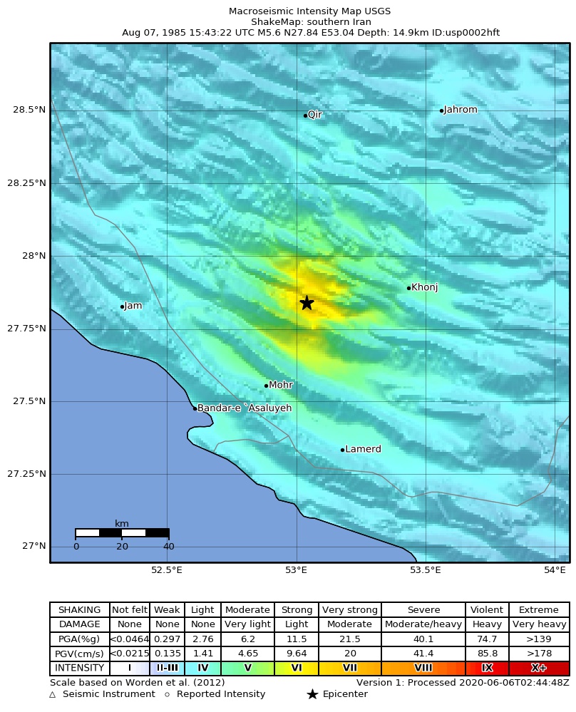 USGS ShakeMap: estimated shaking intensity around the epicenter