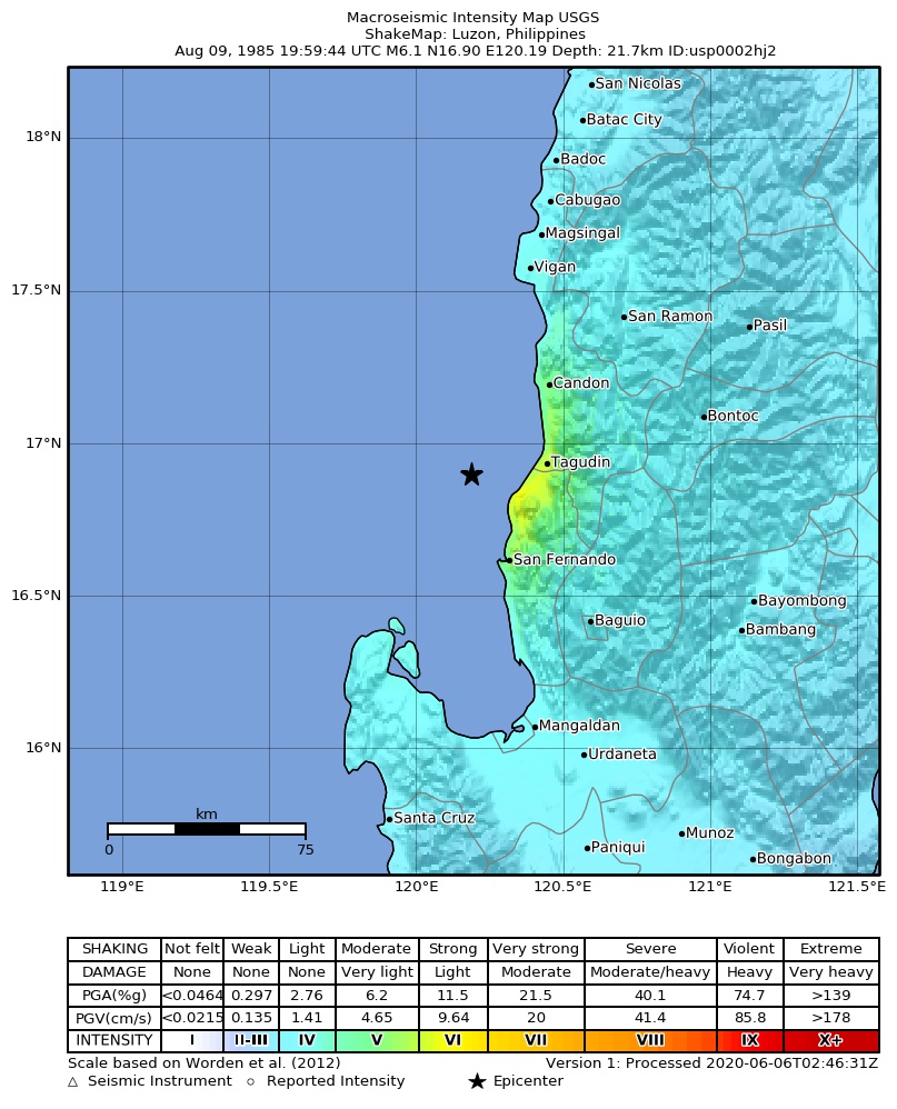 USGS ShakeMap: estimated shaking intensity around the epicenter