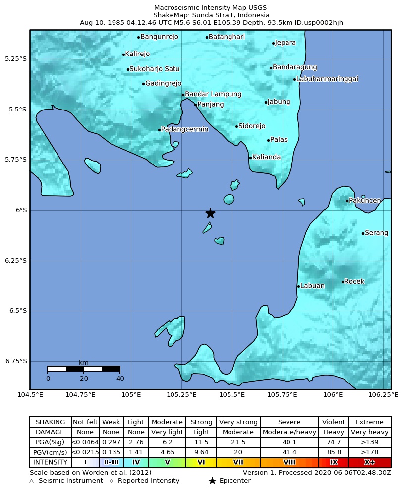 USGS ShakeMap: estimated shaking intensity around the epicenter