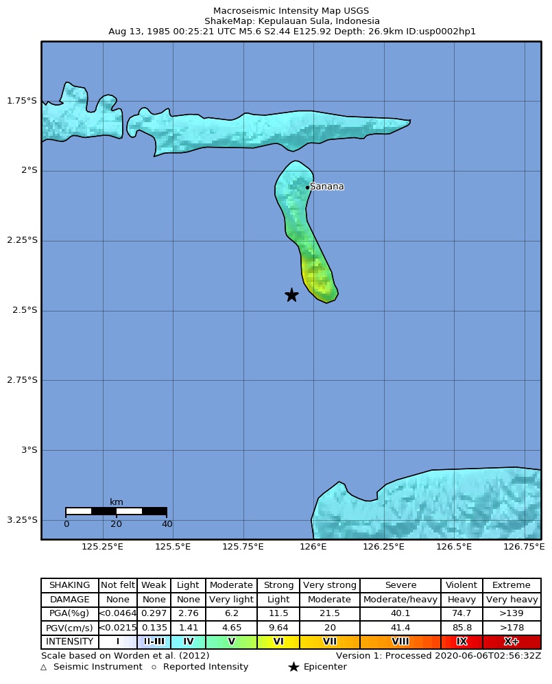 USGS ShakeMap: estimated shaking intensity around the epicenter