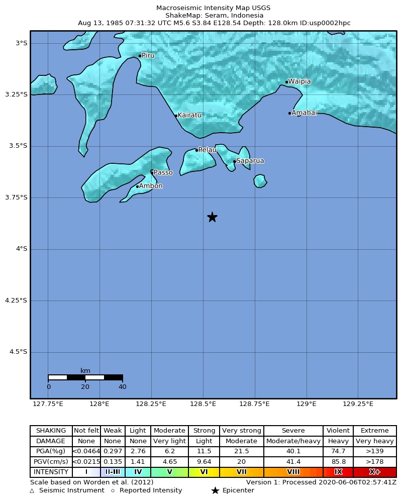USGS ShakeMap: estimated shaking intensity around the epicenter