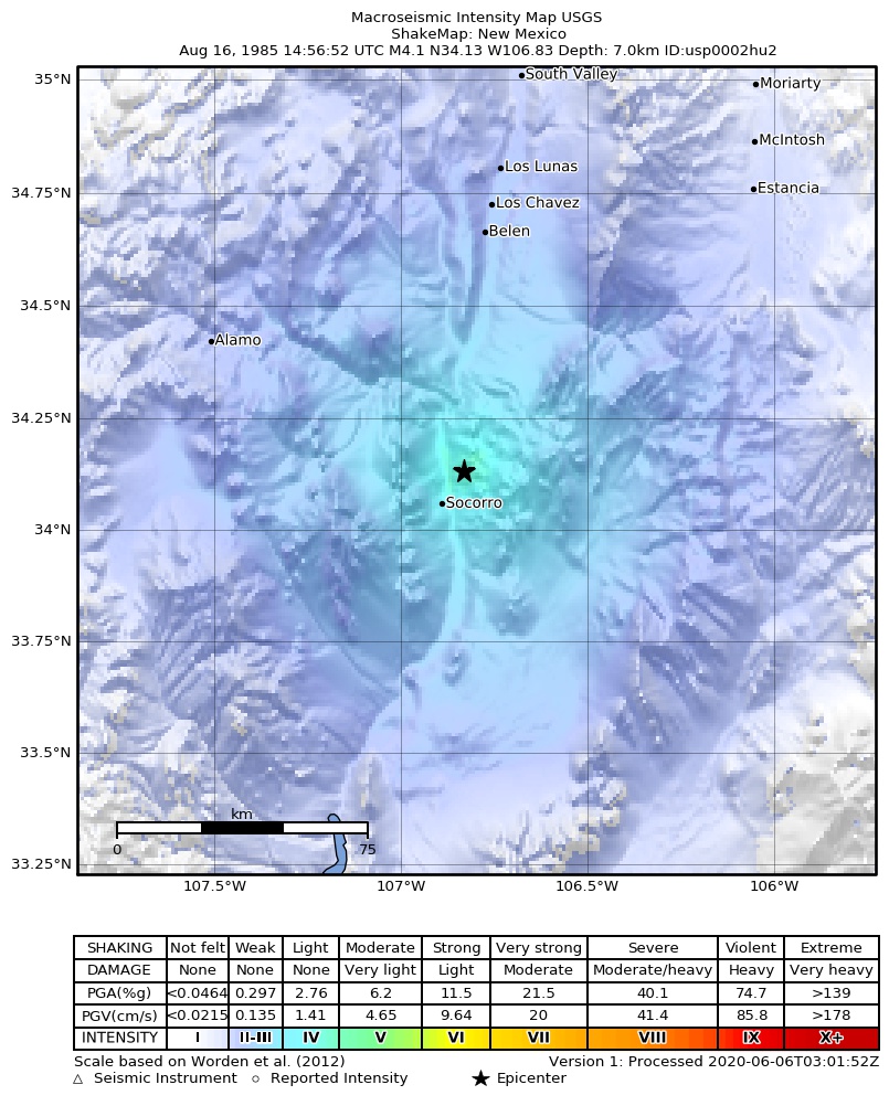 USGS ShakeMap: estimated shaking intensity around the epicenter