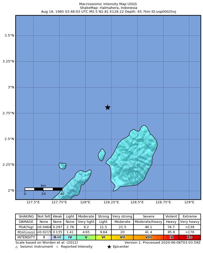 USGS ShakeMap: estimated shaking intensity around the epicenter
