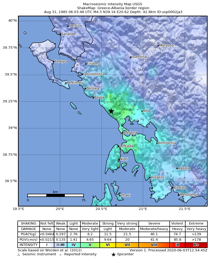 USGS ShakeMap: estimated shaking intensity around the epicenter