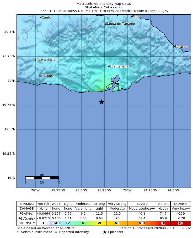 USGS ShakeMap: estimated shaking intensity around the epicenter