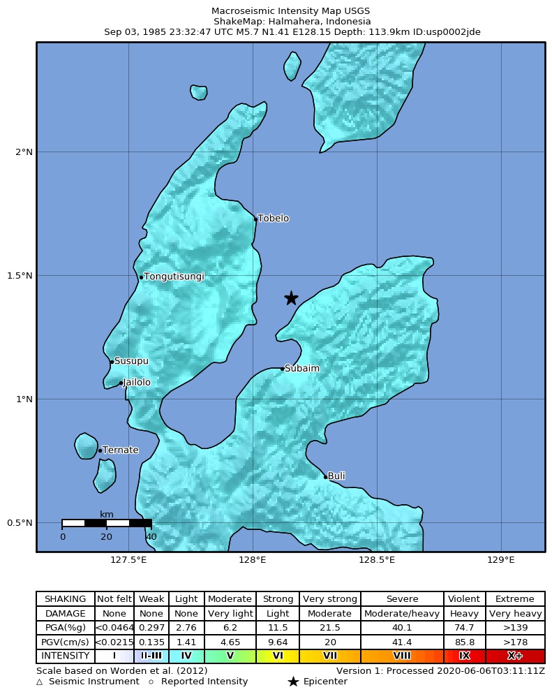USGS ShakeMap: estimated shaking intensity around the epicenter