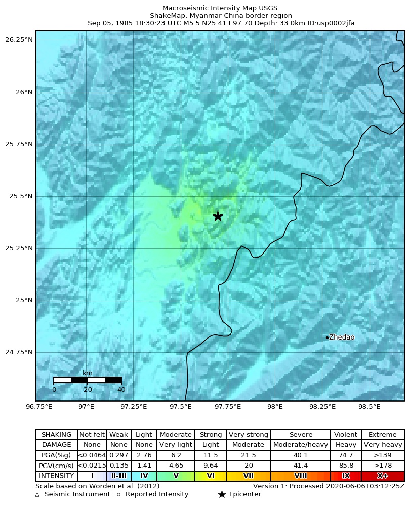 USGS ShakeMap: estimated shaking intensity around the epicenter
