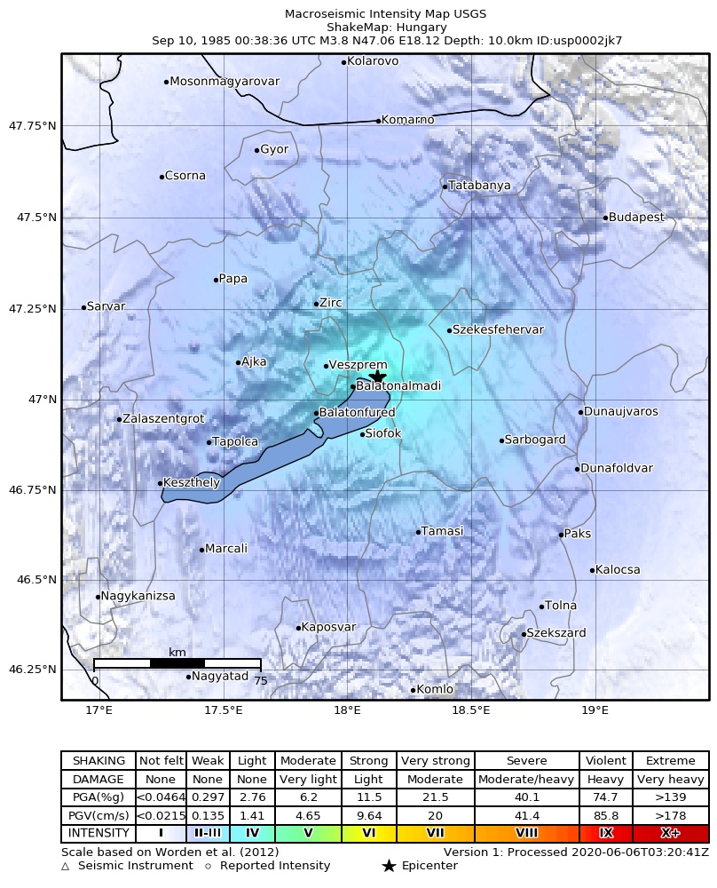 USGS ShakeMap: estimated shaking intensity around the epicenter