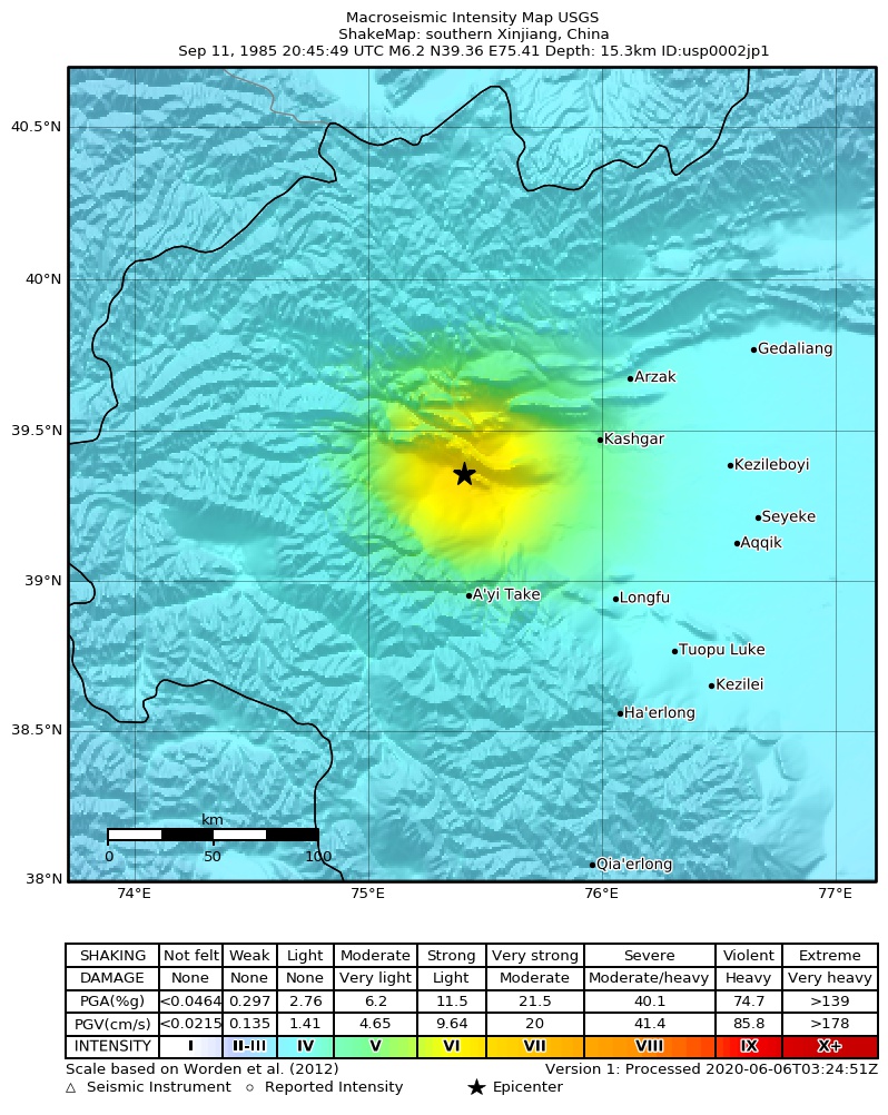 USGS ShakeMap: estimated shaking intensity around the epicenter