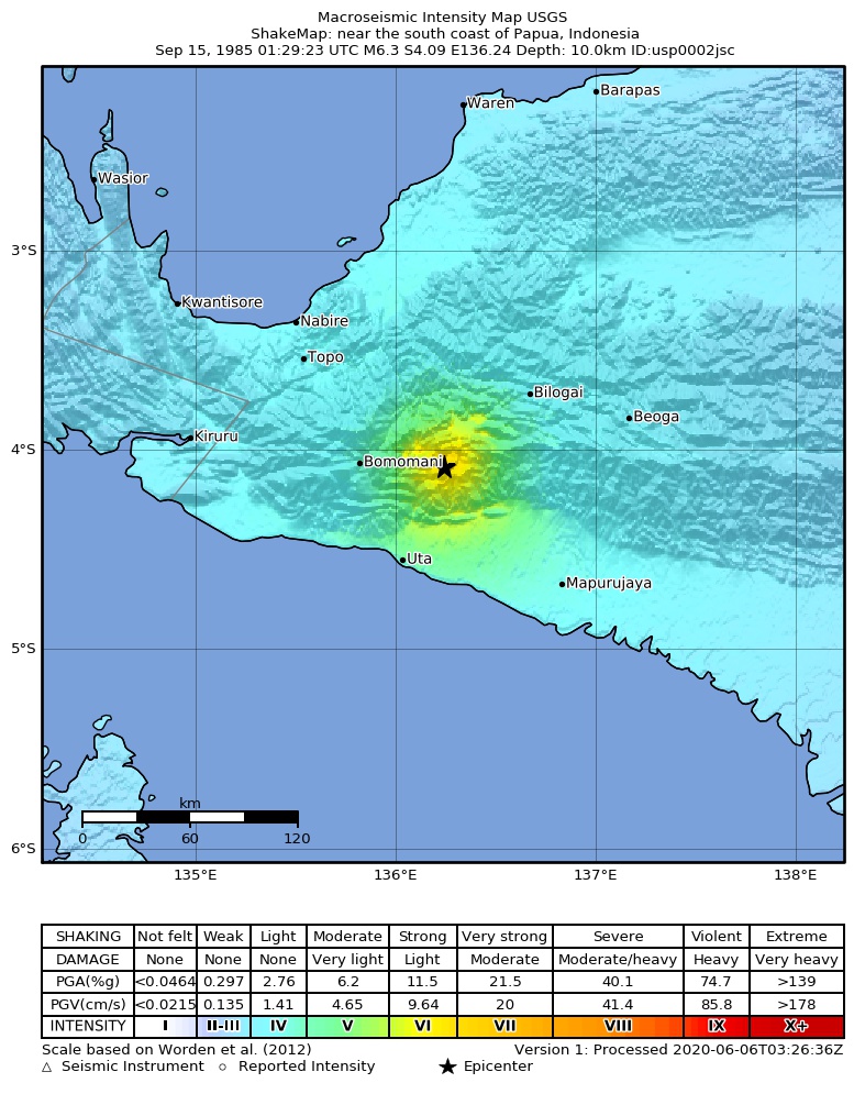 USGS ShakeMap: estimated shaking intensity around the epicenter