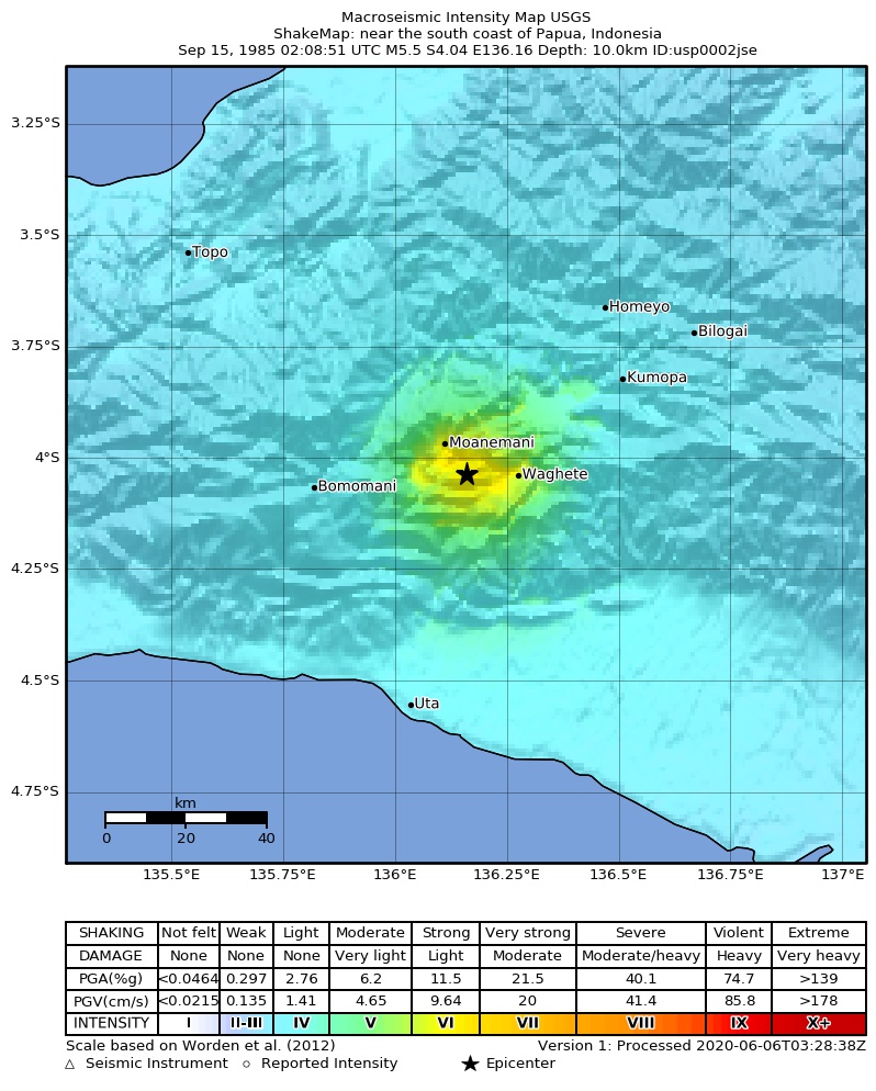USGS ShakeMap: estimated shaking intensity around the epicenter