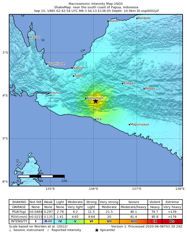 USGS ShakeMap: estimated shaking intensity around the epicenter