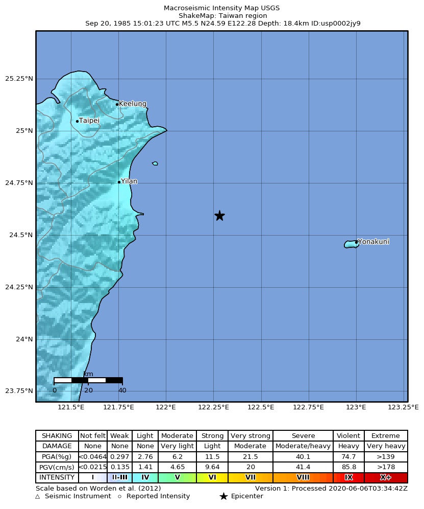 USGS ShakeMap: estimated shaking intensity around the epicenter