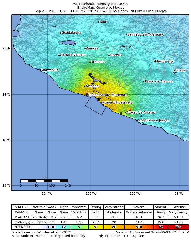 USGS ShakeMap: estimated shaking intensity around the epicenter