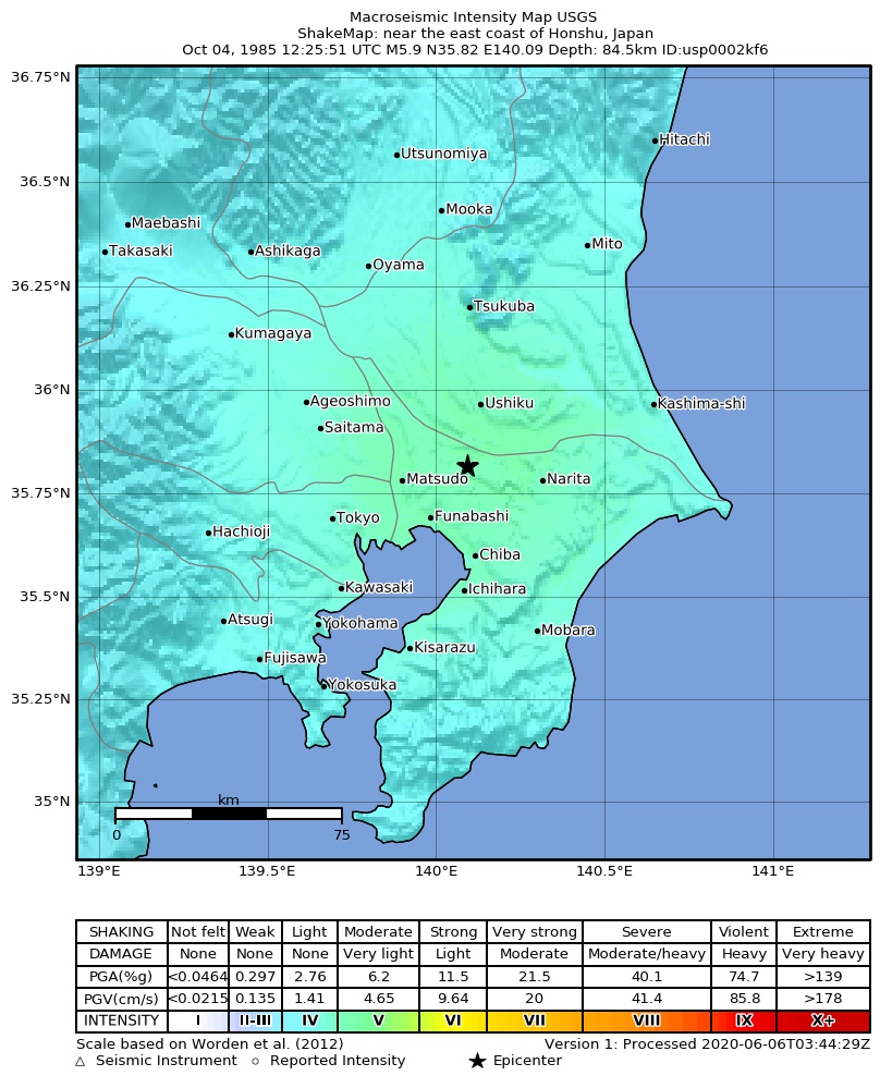 USGS ShakeMap: estimated shaking intensity around the epicenter