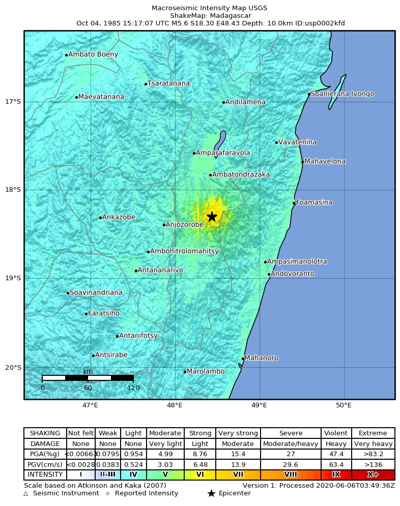 USGS ShakeMap: estimated shaking intensity around the epicenter