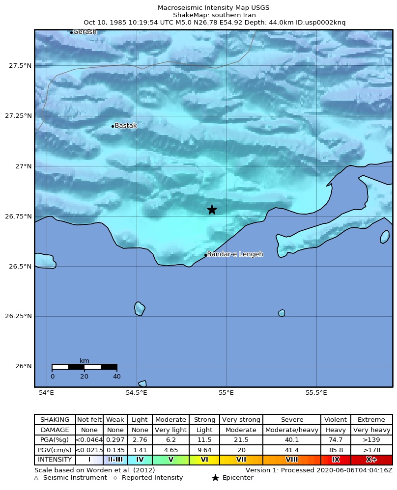 USGS ShakeMap: estimated shaking intensity around the epicenter