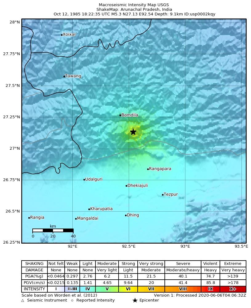 USGS ShakeMap: estimated shaking intensity around the epicenter