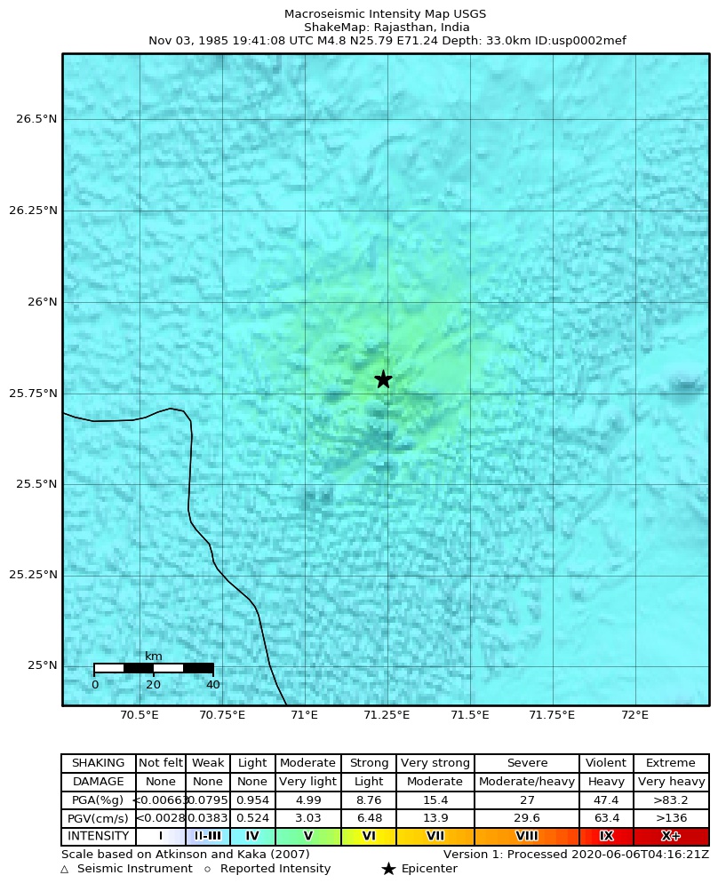 USGS ShakeMap: estimated shaking intensity around the epicenter