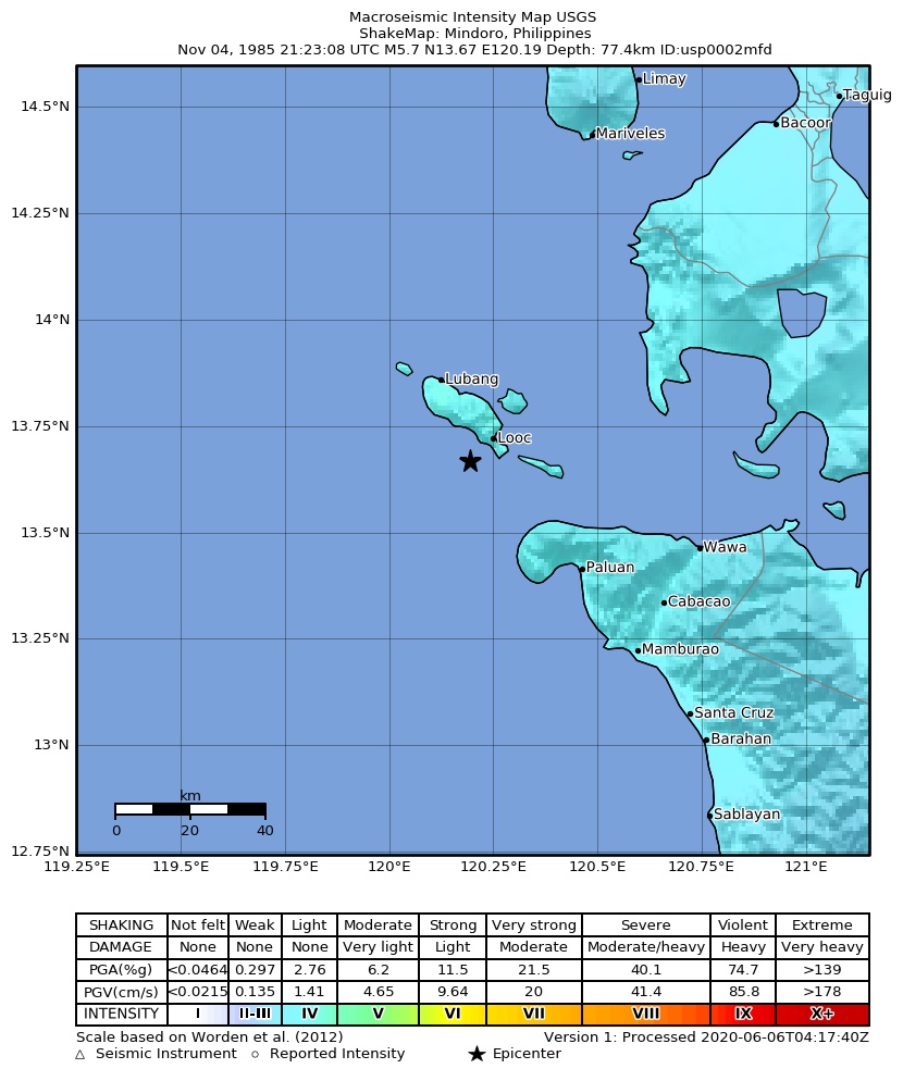 USGS ShakeMap: estimated shaking intensity around the epicenter