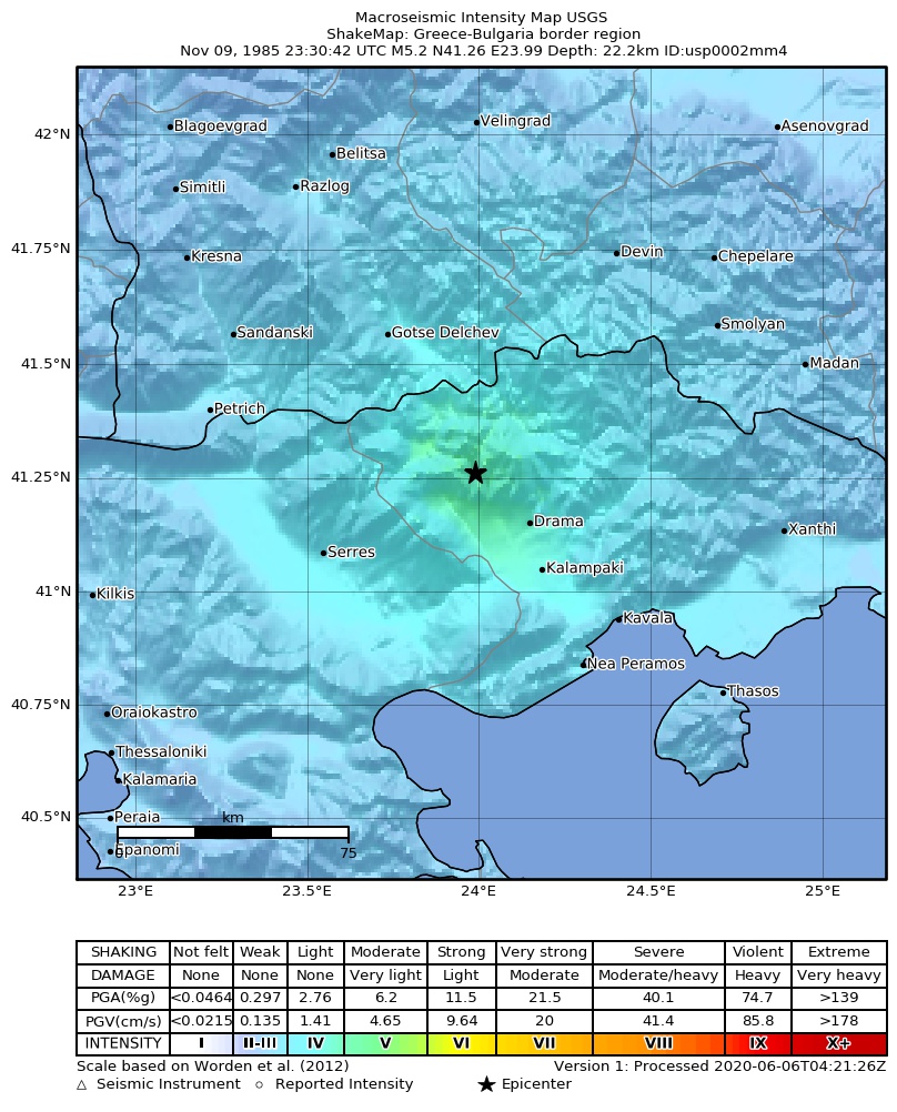 USGS ShakeMap: estimated shaking intensity around the epicenter