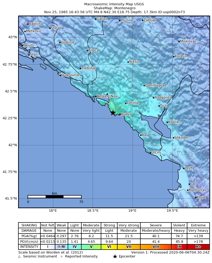 USGS ShakeMap: estimated shaking intensity around the epicenter