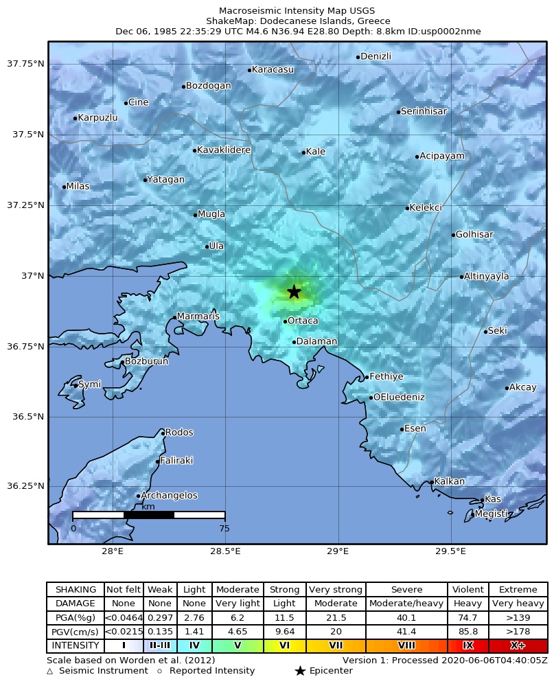 USGS ShakeMap: estimated shaking intensity around the epicenter